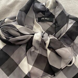 Nine West Black and Gray Checkered Pussybow Blouse
